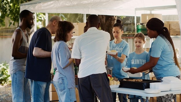 volunteers gathered over a table